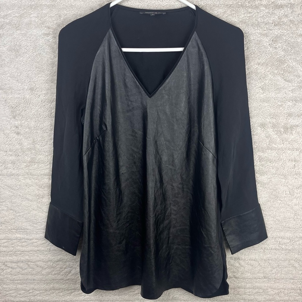 LAYFAYETTE 148 Shae Black Blouse Silk Faux Leather Size 6 Side Zip V-Neck
